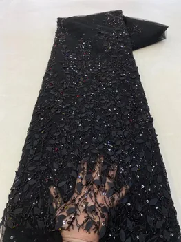 אפריקאי שחור כבד בעבודת יד פאייטים Embriodery תחרה בד 2023 צרפתית חרוזים טול תחרה בד אישה לתפור שמלות ערב