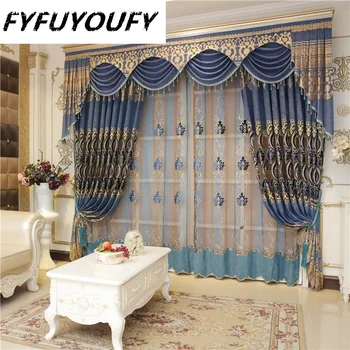אירופה הקלאסית כחול רקום וילונות הסלון לחדר השינה יוקרה וילונות חלון וילונות רקומים ואל וילונות