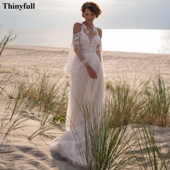Thinyfull פשוטה חוף חתונה תחרה שמלות ארוכות הזיקוקים שרוול כלה מסיבת שמלה את הכתף בוהו נסיכה שמלות כלה 2022