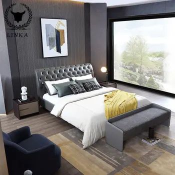 הסגנון האיטלקי אור יוקרה מודרנית עור מיטה זוגית בסגנון מינימליסטי מאסטר חדר שינה יוקרתי מעץ מלא מיטה מעצב רהיטים