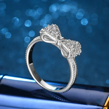 נוצץ AAA 1.2 ct קריסטל קריסטל Bowknot עיצוב צבע כסף מלא טבעות נישואין לנשים Faux אופנה טבעת האירוסין