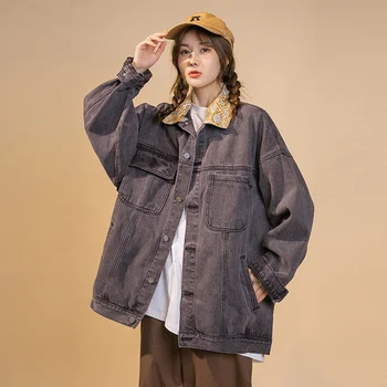 2023 אביב סתיו נשים מעיל אופנה חדשה Kpop חופשי 'קט ג' ינס גבוה ברחוב צדדי וינטג ' ינס מעיל