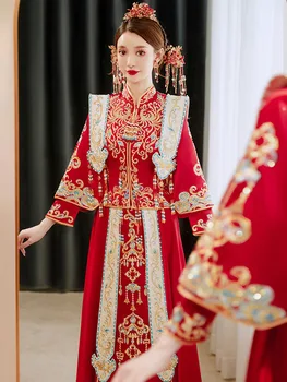 סינית מסורתית כלה וינטג ' מנדרין צווארון החתונה בגדים האדום פניקס רקמה השמלה טאנג חליפה העליון חצאית לתחפושת