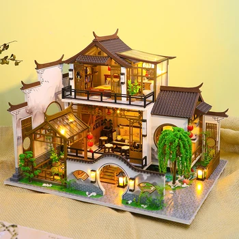 חדשות Diy עץ בתי בובות יפני עתיק Casa מיניאטורי בניית ערכות עם ריהוט Led הבובות למבוגרים מתנות חג המולד