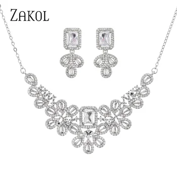 ZAKOL יוקרה קלאסית גיאומטריות AAA זרקונים תכשיטים מגדיר עבור נשים לבן CZ שרשרת תליון עגילים מסיבת Jelewery