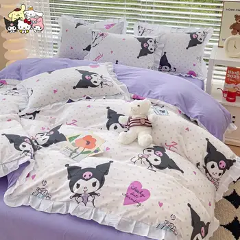 Sanrio Kawaii ארבע חתיכה להגדיר אנימה Cinnamoroll Kuromi מצויר לילדים עם מיטה זוגית השמיכה לכסות בנות חמודות מעונות כותנה מצעים