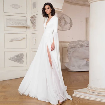 חרך עמוק V צוואר לבן שיפון שמלות כלה באורך רצפת 2022 Fulle השרוול רוכסן השמלה האחורי שמלות כלה החלוק דה Marié