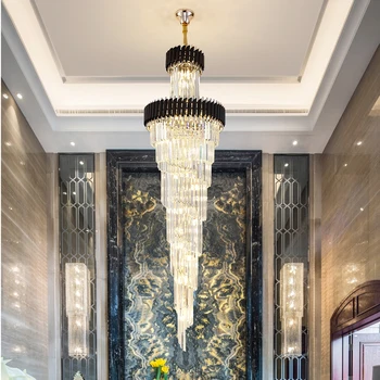 יוקרה סיבוב ארוך נברשת קריסטל גופי תאורה מדרגות נברשת קריסטל מודרני המנורה מלון וילה זהב התקרה רכוב