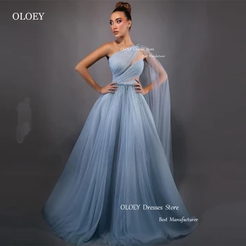 OLOEY אלגנטי כחול בהיר טול זמן הנשף שמלות ערב ארוך כתף אחת קייפ השרוול חרוזים שמלות לנשף רשמי מסיבת 2023