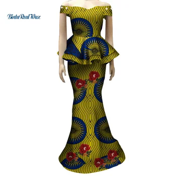 אפריקה אפליקציה פרח העליון, חצאיות, סטים לנשים Bazin ריש אפריקאי מסורתי נשים בגדים 2 חתיכות חצאיות סטים WY4028
