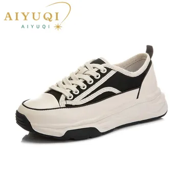 AIYUQI נשים נעלי עור אמיתי 2023 נשים האביב של נעלי בד שטוחות לבן נעלי ספורט נשים