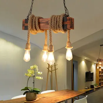 מתכוונן רטרו תעשייתי עץ הנברשת חדר האוכל תאורה בר קפה בר חבל קנבוס תליון מנורה E27 מנורת תלייה