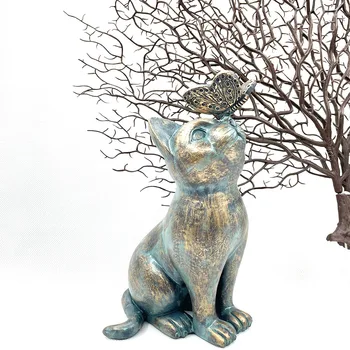 חתול משחק פרפר פסלון בודהה פסל ספינקס מדיטציה גן פסלי אמנות חוצות גן פסלים פסלונים לקישוט