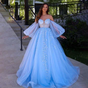 אור כחול טול קו שמלת ערב נפוחות שרוול תחרה, אפליקציות מתוקה שמלת נשף הנסיכה מפורסם שמלות שמלת מסיבת