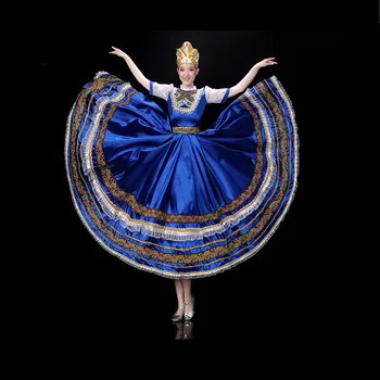 רוסי עממי ריקוד תלבושת בסגנון אירופאי כחולות מדהימות ארמון שמלת הנסיכה המשרתת החצאית הארוכה על הבמה פתיחת התוכנית