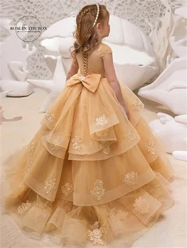 הנסיכה פרח ילדה שמלות עם קשת Ballkleider שרוול קצר צוואר מרובע טול בנות תחרות שמלות מסיבת יום ההולדת.