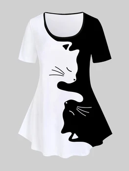 ROSEGAL בתוספת גודל תבנית חתול Colorblock יתדות בעלי חיים קריקטורה חמודה הדפסה שרוולים קצרים נשים חולצת אופנה אופנת רחוב צמרות S-5X