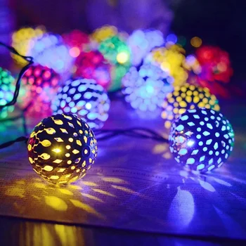 LED שמש מרוקאי רקיע ברזל אמנות חוצות אורות מחרוזת מרוקנת כדור עגול מחרוזת חג המולד המנורה מסיבת חג קישוט