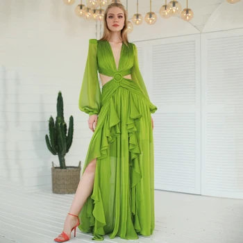 ירוק פשוטה שמלות לנשף V-צוואר סדיר קו אורך רצפת פאף שרוול חלול החוצה בערב שמלות גודל מותאם אישית