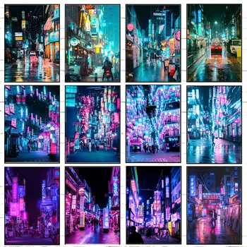 קוריאה ניאון העיר בלילה ברחוב פוסטר Kpop סיאול נסיעות Vaporwave ציור דקורטיבי אמנות קיר Kawaii עיצוב חדר כרזות בד