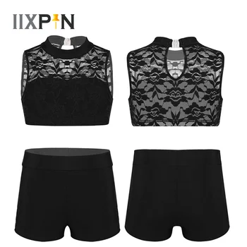 IIXPIN ילדים בנות בלט בגדים אתלטי תלבושת שרוולים פרחוני תחרה, גופיה עם תחתיות להגדיר עבור ריקוד בלט אימון כושר