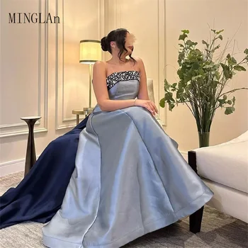 MINGLAN כחול האופנה הצוואר שרוולים שורה ארוכה שמלת נשף אלגנטית אורך רצפת רכבת לטאטא שמלות ערב חדש 2023