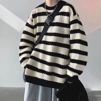מותג סוודר סוודר בגדי גברים אופנה מזדמן Harajuku פסים O-צוואר למשוך Homme סתיו חורף סריגים החולצה ג ' רזי E734