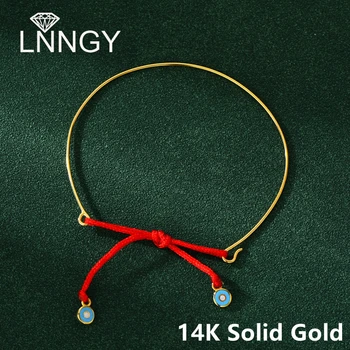 Lnngy 14K זהב טהור אמייל טורקית עין הרע צמיד לנשים מינימליסטי מתכוונן חבל צמיד יד שרשרת תכשיטי יוקרה מתנה
