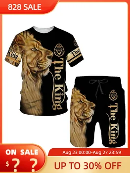 קיץ גברים חולצה להגדיר אדידס מגניב אריה 3D מודפס שרוול קצר מכנסיים 2 חתיכה מזדמנת חליפת ספורט האופנה גברים של ביגוד