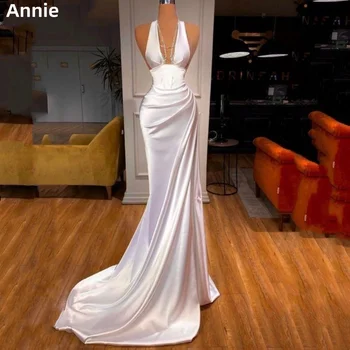 אנני V צוואר סאטן שמלות לנשף בתולת ים קוקטייל אישית שמלות ערב עדין White2023 ורבותי Abendkleid