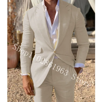 2023 פשתן חליפות לגברים שיא דש אחד הכפתורים 2 חתיכות זכר חליפות החתן לובש טוקסידו לחתונה בלייזר מכנסיים תחפושת Homme, Mariage