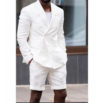 חוף פשתן חליפות גברים אופנה לבנה שיא דש כפול החזה הגברי 