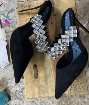 סקסית מרובע רשת ריינסטון רצועה אחת נעל נשים זוהר יהלום רצועות עקבים גבוהים נשים קיץ אירועים סנדלים נעליים