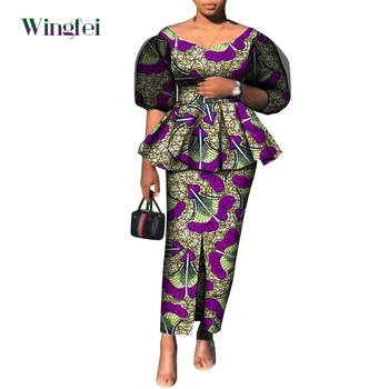 אופנה אפריקאית בגדים אפריקני הדפסה העליון וחצאית 2 ערכות קטע דאשיקי נשים תלבושת פאף שרוול אפריקאי מתאים לנשים WY9282