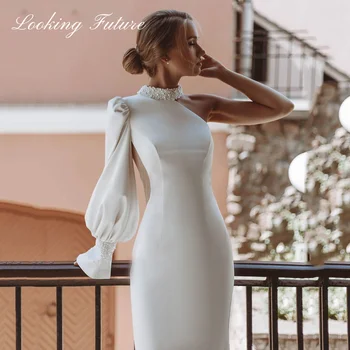 Morden סאטן שמלות כלה לנשים ללא שרוולים פשוטה לבנה שמלת כלה הזיקוקים שרוול רכבת משפט Vestido de נוביה 2023