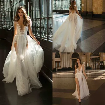 2019 קו שמלות כלה סקסית העצום V צוואר מחשוף גב תחרה שמלות כלה גבוהה לפצל את שמלת החתונה Vestido De נוביה