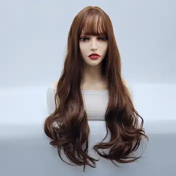 Anxin ארוך מסולסל פאות סינתטי עם פוני חום של אישה שיער חום עמיד בטמפרטורה גבוהה קינקי קוספליי פאה לנשים