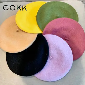 COKK כובעי חורף לנשים כומתות צמר צייר כובע סתיו חורף כובע נשי שטוח צרפתית אמן כומתה בנות בציר חם מזדמן