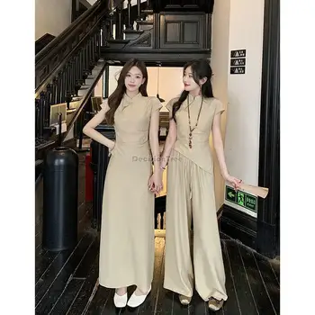 2023 החדש סיני להרזיה עם שרוול קצר החולצה עדין חצי החצאית/מכנסיים רפויים נשיים הקיץ החדש cheongsam שתי חתיכות להגדיר s532