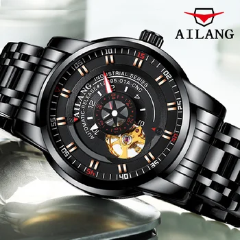 AILANG 2023 אופנה חדשה שחור מכאניים שעונים לגברים אישיות חלולה אוטומטי שעון פשוט עמיד למים שעון Mens 8601
