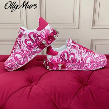 Ollymurs נשים סיבתי נעלי אופנה עור אמיתי זוג נעלי קריסטל טביעות ספורט פנאי דירות המסלול נעלי ספורט 45