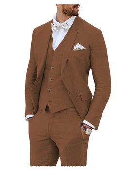 Mens חליפות 3 פיסת כותנה פשתן צעיף דש מזדמן טוקסידו לחתונה השושבינים חליפות גברים 2022 (בלייזר+אפוד+מכנסיים)