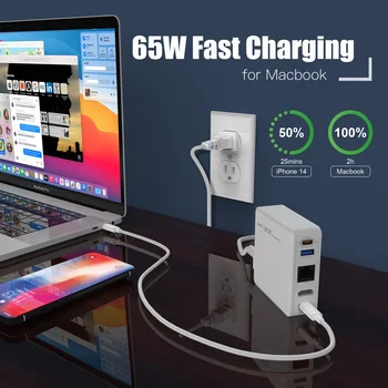 65W גן טעינה מהירה עבור Macbook מטען מתאם עם Build-רכזת ה-USB על בית ונסיעות כבל מאריך עם 100Mbps Lan Port