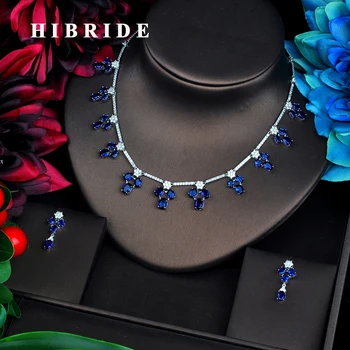 HIBRIDE פרח כחול חתונה תכשיטי סטים לנשים שמלות ערב אביזרי השרשרת Earings להגדיר זרקונים תכשיטים N-556