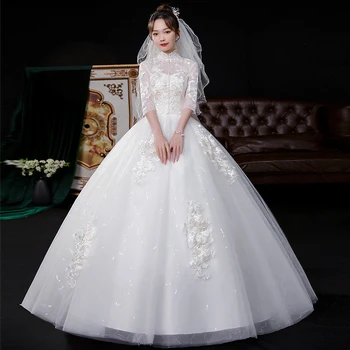 אלגנטי תחרה, טול שמלת נשף שמלות חתונה אופנה גובה הצוואר הכלה השמלה עם חצי שרוולים 2023 גלימה חדשה, Mariage פאטאל