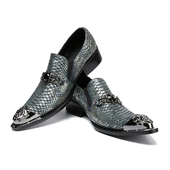 Christia בלה אופנה עור נחש תבואה גברים עור אמיתי נעלי מתכת מחודד בוהן זכר נעלי אוקספורד עסקי מסיבה Mens נעליים.