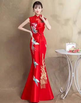 הסיני שמלת נשים קיץ שיפור רקום Cheongsam פיניקס זנב דג שלב ארוך
