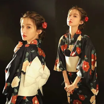 יפני מסורתי שמלת קימונו עם אובי הדפס פרחים אוורירי שמלות תחפושות נשים בנות גיישה Haori יאקאטה קימונו שמלת חליפה