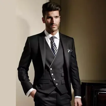 2023 חדש השושבינים חליפה שחורה דש החתן חליפות גברים לחתונה הטוב ביותר ז ' קט מכנסיים וסט 3 חתיכות Terno Masculino