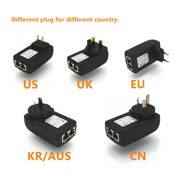 48V 0.5 A Output 10/100Mbps PoE מזרק Power Over Ethernet Adapter, כוח pin 4/5(+),7/8(-) AC100-240V, בריטניה/האיחוד האירופי/AU/ארה 